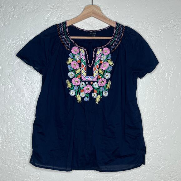 Talbots Women's Navy Pink Embroidered Floral Yoke Blouse Size Small - Picture 1 of 4